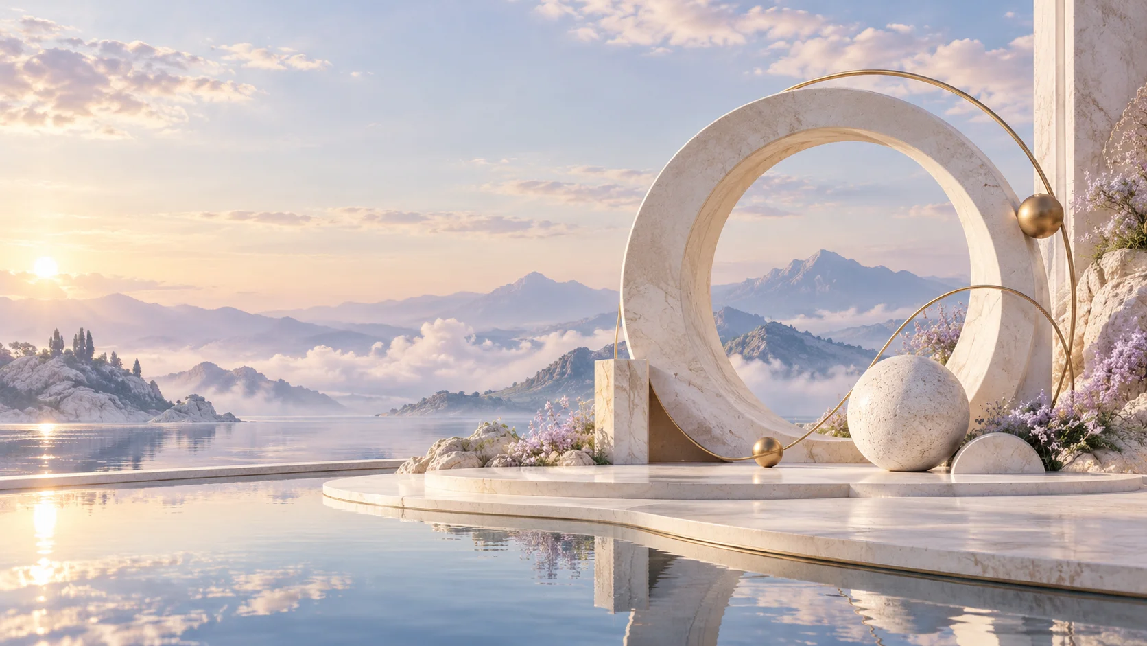 An ivory architectural arch and geometric forms beside still water