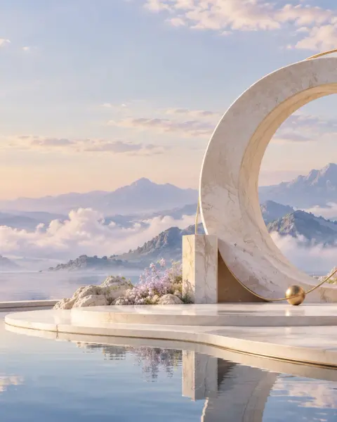 An ivory architectural arch and geometric forms beside still water