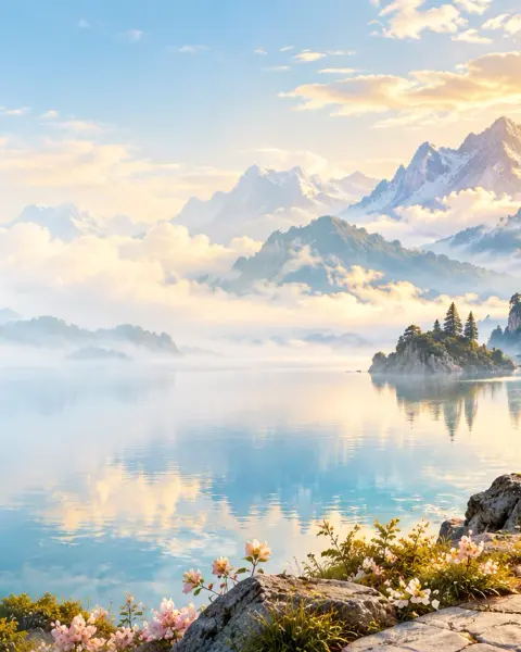 A peaceful mountain lake and a winding path in the morning light